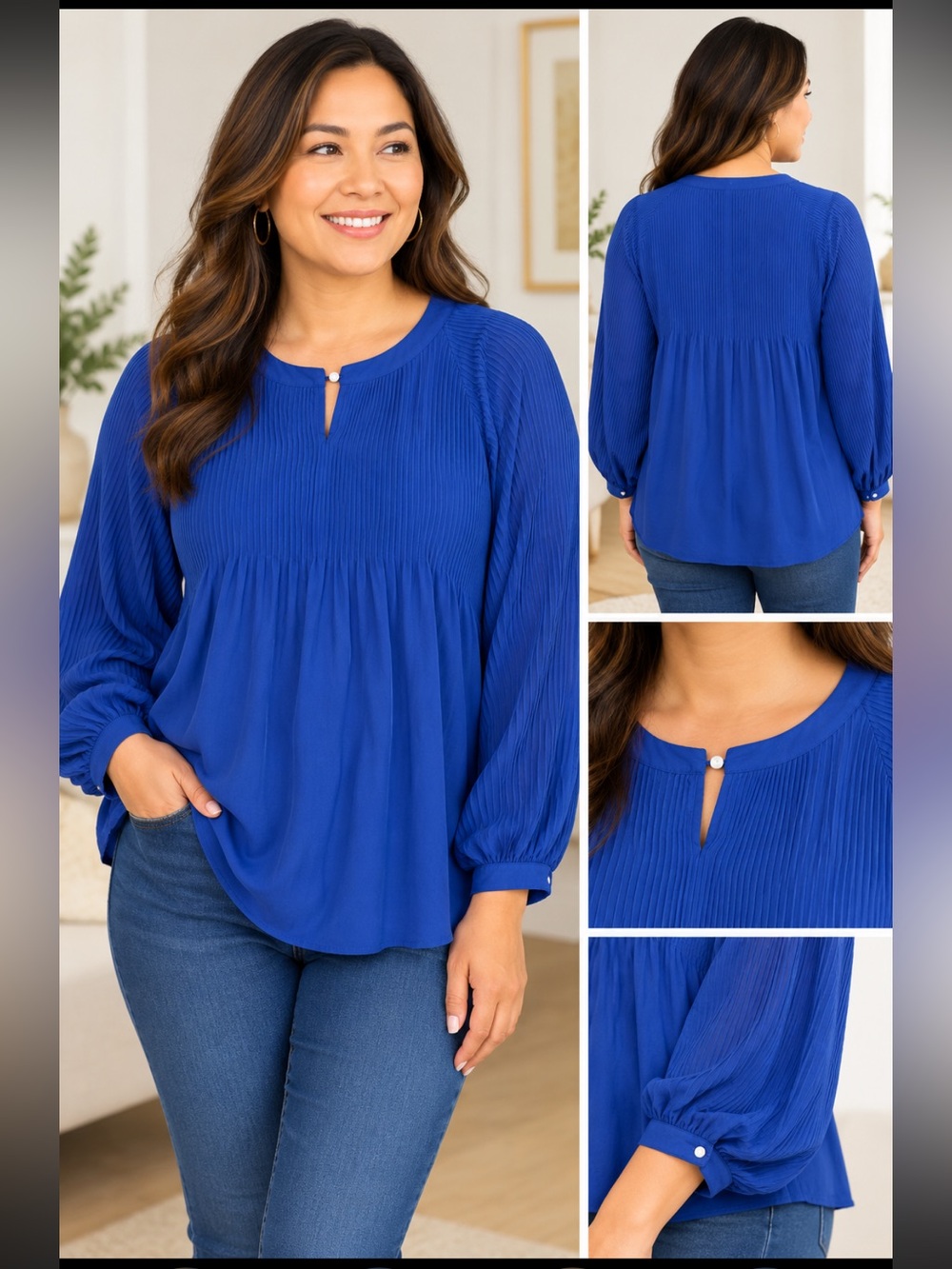 APT 9 Blue Pleated Long-Sleeve Women's Blouse Wrinkle Free XL